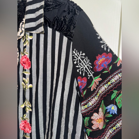 John Mark Black and Gray Striped Floral Embroidered Top - Picture 4 of 16